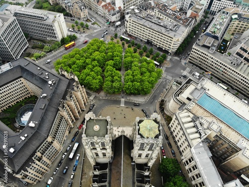 Amazing view from above. The capital of Belgium. Great Brussels. Very historical and touristic place. Must see. View from Drone. Holy place, great Cathedral of St-Michel photo