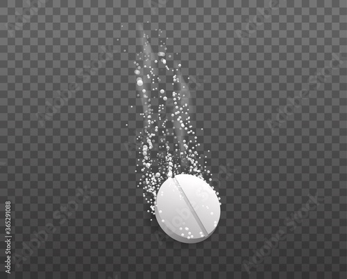 Dissolving effervescent tablet. White pill disintegrates into parts in water strong painkiller rescue from headache and toothache clipart medication with bubbling gas movement dissolution vector.