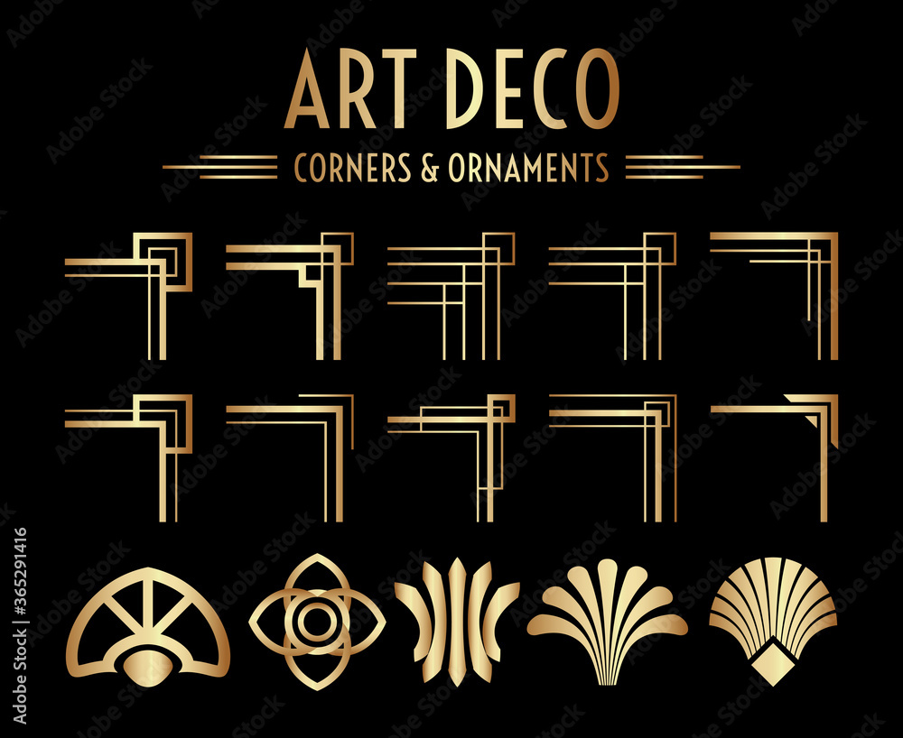 Geometric Art Deco Corner and Ornament Set - obrazy, fototapety, plakaty 
