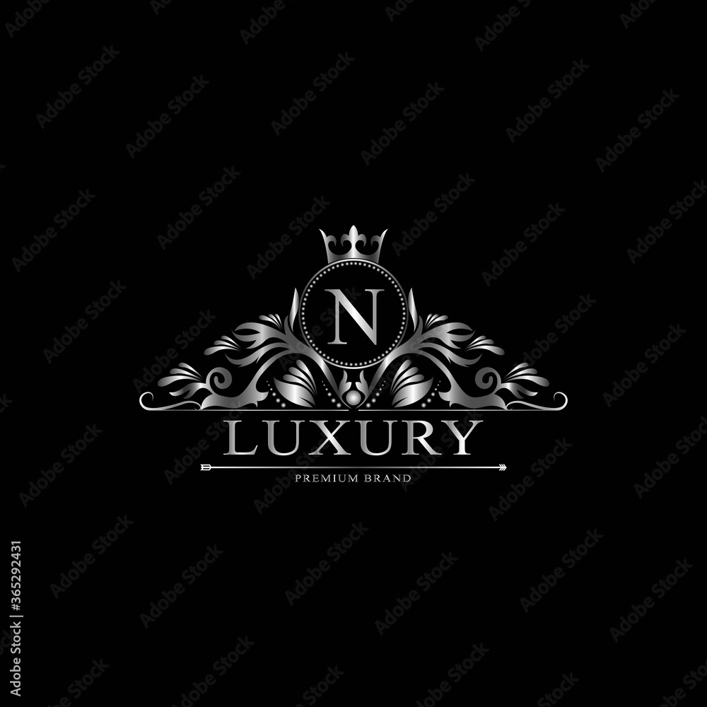 N Luxury Logo. Template flourishes calligraphic elegant ornament lines. Business sign, identity for Restaurant, Royalty, Boutique, Cafe, Hotel, Heraldic, Jewelry, Fashion and other vector illustration