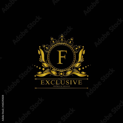 F Luxury Logo. Template flourishes calligraphic elegant ornament lines. Business sign  identity for Restaurant  Royalty  Boutique  Cafe  Hotel  Heraldic  Jewelry  Fashion and other vector illustration