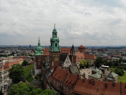 Aerial photo from drone. The culture and historical capital of Poland. Comfortable and beautiful Krakow. The land of Legend. The Wawel Castle.