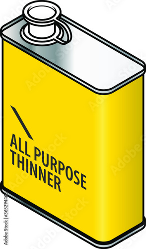 A yellow rectangular metal tin of all purpose thinner.