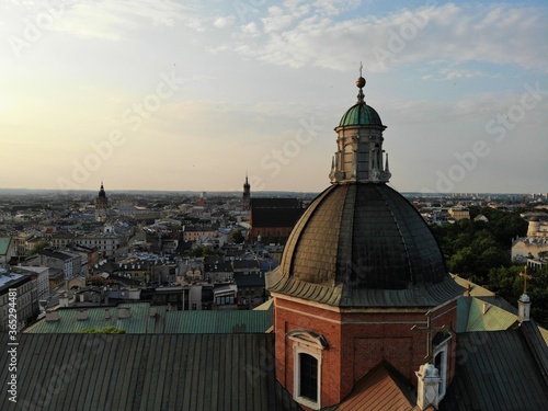 Aerial photo from drone. The culture and historical capital of Poland. Comfortable and beautiful Krakow. The land of Legend. Amazing sunset capture.