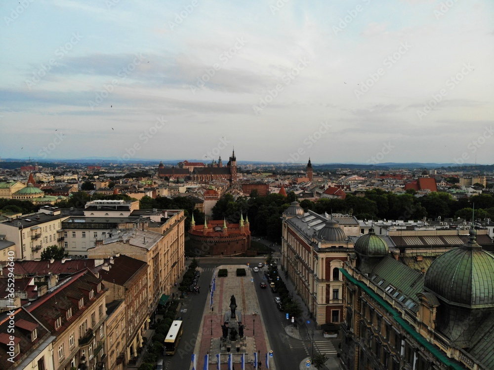 Aerial photo from drone. The culture and historical capital of Poland. Comfortable and beautiful Krakow. The land of Legend. Amazing sunset capture.