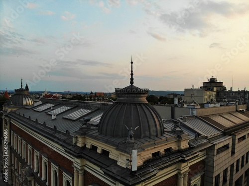 Aerial photo from drone. The culture and historical capital of Poland. Comfortable and beautiful Krakow. The land of Legend. Amazing sunset capture.