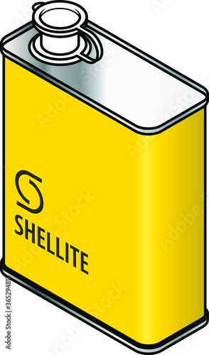 A yellow rectangular metal tin of shellite.