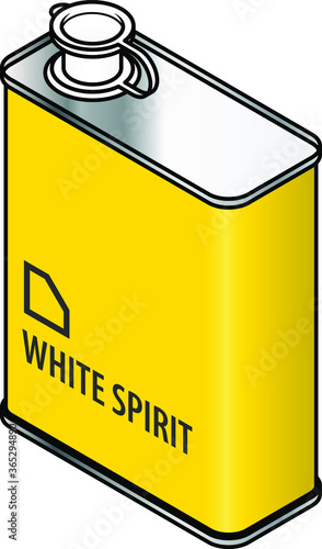 A yellow rectangular metal tin of white spirit.