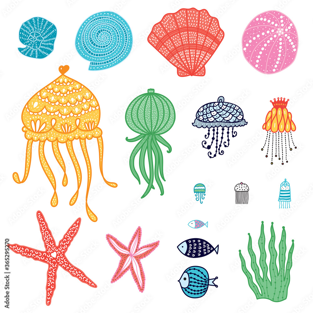 Cute set with jellyfish, shells, fish, starfish and algae. Stock Vector ...