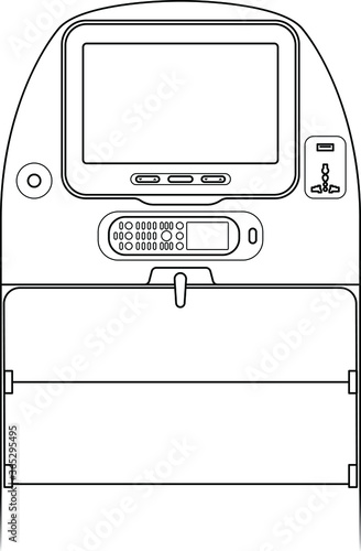 Aircraft seat-back screen controls - screen on/off. volume, brightness, coat hanger, in-seat power (USB and AC), and pop-out remote control keypad / in-seat phone. Line art.