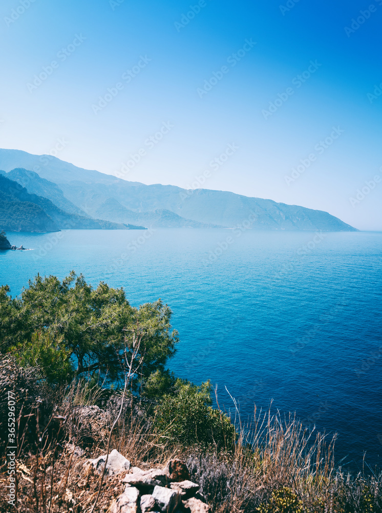 Fototapeta premium Beautiful beach with turquoise water, surrounded by high cliffs, beauty of wildlife, Faralya Turkey