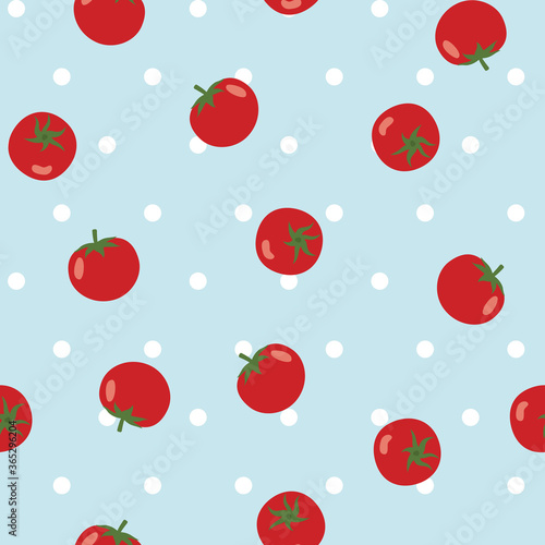 Tomato seamless pattern with blue polka dot background