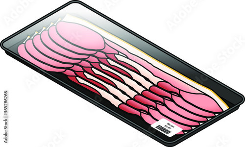 A tray of sliced raw bacon in a plastic tray covered with cling wrap.