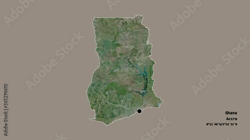 Eastern, region of Ghana, with its capital, localized, outlined and zoomed with informative overlays on a satellite map in the Stereographic projection. Animation 3D photo