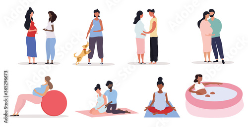 Pregnancy concept with a pregnant woman doing assorted activities chatting to friends, exercising, meditating and as couples, colored vector illustration