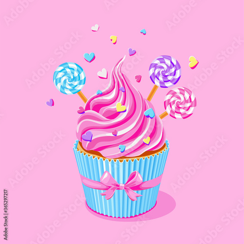 sweet pink fairy cupcake with  lollypops and sprinkles on pink background.