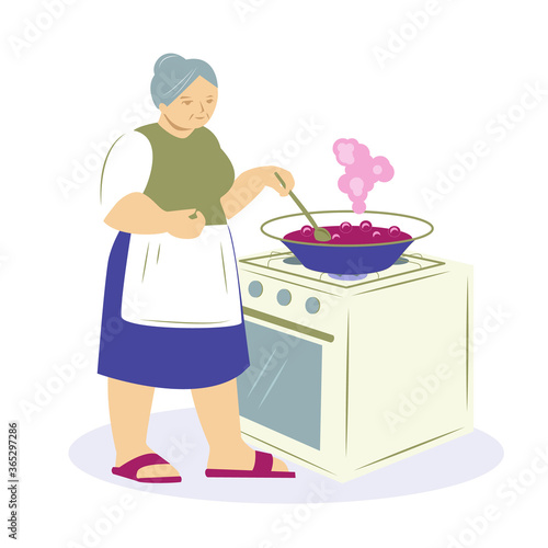 An elderly woman, grandmother is making jam. Stands by the stove, stirring the jam in the bowl with a spoon. Vector illustration.