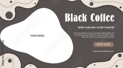 Black coffee banner template design with abstract white shapes. Can be used for flyer, brochure, poster, ads. Sale banner only today.