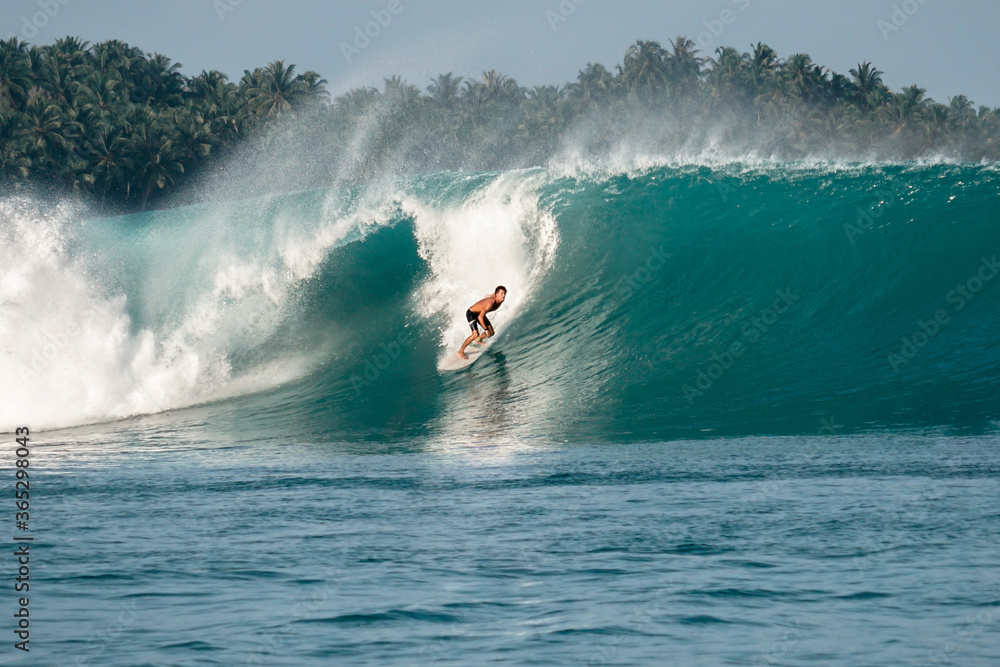 Surfer on perfect blue big tube wave, empty line up, perfect for surfing, clean water, Indian Ocean in Mentawai islands Surfer on perfect blue big tube wave, empty line up, perfect for surfing, clean water, Indian Ocean in Mentawai islands