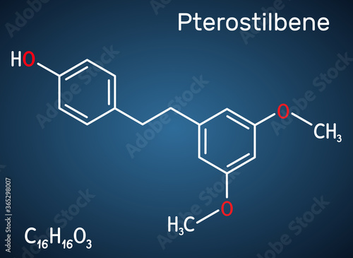 Pterostilbene, stilbenoid molecule. It has a role as metabolite, antioxidant, antineoplastic agent, neurotransmitter. Structural chemical formula on the dark blue background