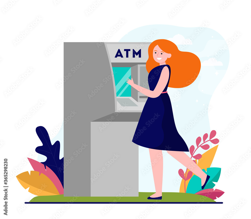 Young girl using ATM or cash terminal. Cash dispenser, money, card flat vector illustration. Finance and technology concept for banner, website design or landing web page Young girl using ATM or cash terminal. Cash dispenser, money, card flat vector illustration. Finance and technology concept for banner, website design or landing web page