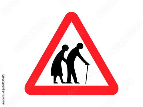 isolated elderly crossing road sign symbol on round triangle board for information, notification, alert post, road or street board etc. flat vector design.
