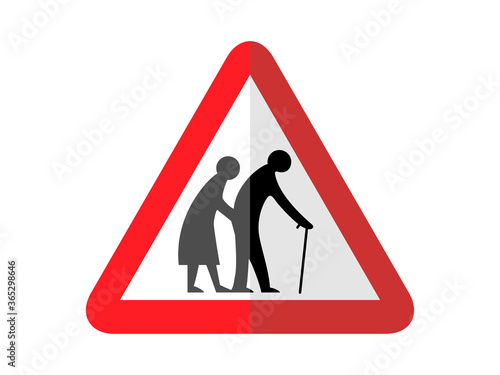 isolated elderly crossing road sign symbol on round triangle board for information, notification, alert post, road or street board, etc. paperwork style flat vector design.
