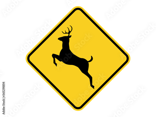isolated deer crossing road sign on round diamond yellow board flat vector design