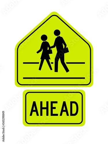 isolated pedestrian school cross walk sign on light green board with the word "AHEAD" flat vector design