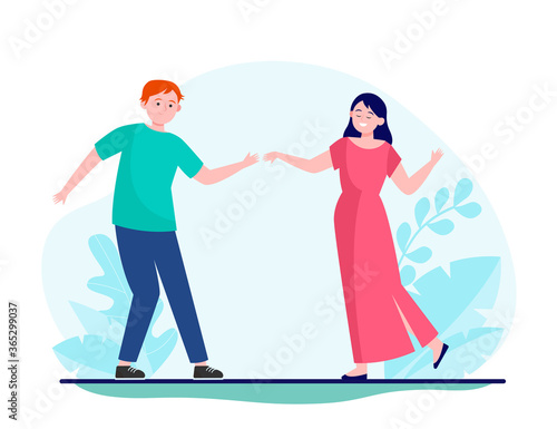Young couple dancing slow dance. Love, girl, smiling flat vector illustration. Entertainment and relationship concept for banner, website design or landing web page