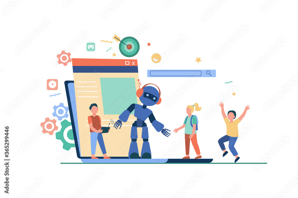 School activity and robotics class concept. Boy operating robot with remote control. Vector illustration for young engineer, education, robotic science for kids topics School activity and robotics class concept. Boy operating robot with remote control. Vector illustration for young engineer, education, robotic science for kids topics