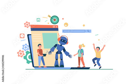 School activity and robotics class concept. Boy operating robot with remote control. Vector illustration for young engineer, education, robotic science for kids topics