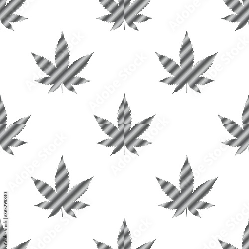 Vector seamless pattern with cannabis leaves. Black digital ganja design on light background. Minimal monochrome CBD oil concept.