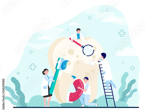 Team of small dentists cleaning and brushing big tooth with toothbrush and paste. People taking care about teeth. Vector illustration for cavity, caries treatment concept