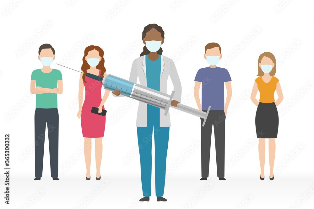Fototapeta premium African-American doctor with syringe protect people from diseases. Vector illustration.