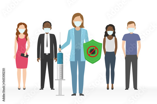 Doctor with shield and syringe protect people from coronavirus. Vector illustration.