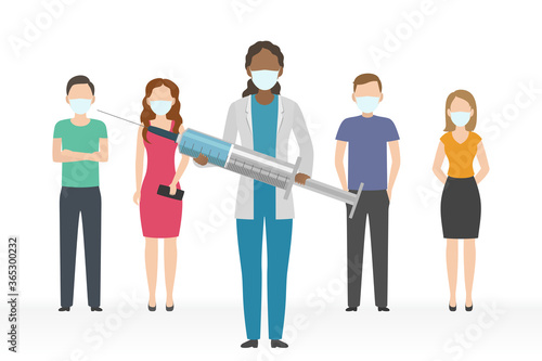 African-American doctor with syringe protect people from diseases. Vector illustration.