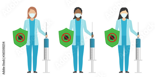 Multiethnic group of doctors. COVID-19 vaccine concept. Vector illustration.