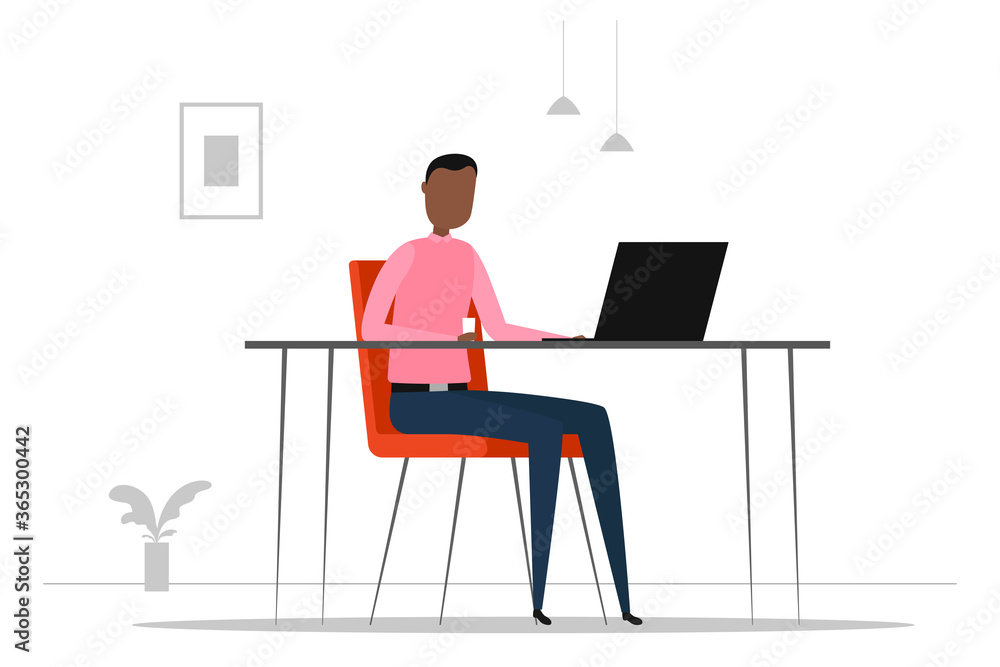 African man sitting and working on laptop. Cartoon. Vector illustration. African man sitting and working on laptop. Cartoon. Vector illustration.