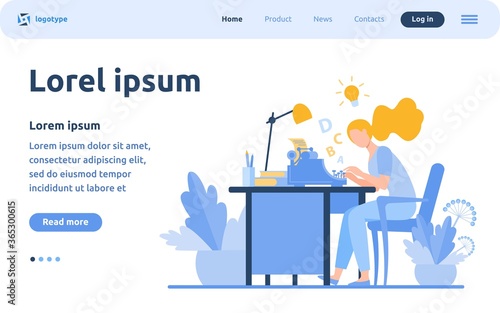 Female writer using retro typing machine. Young woman inspiring with idea, writing creative article at her workplace. Vector illustration for creative crisis, copywriting, vintage concept