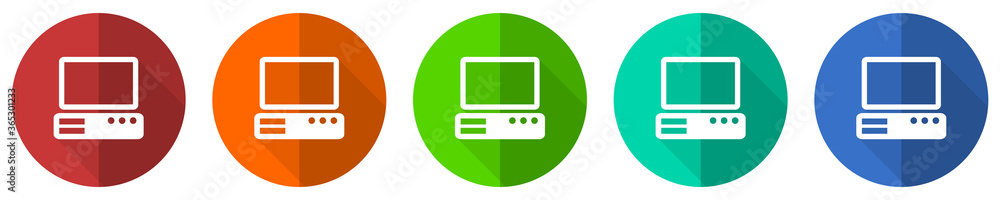 Computer icon set, red, blue, green and orange flat design web buttons isolated on white background, vector illustration Computer icon set, red, blue, green and orange flat design web buttons isolated on white background, vector illustration