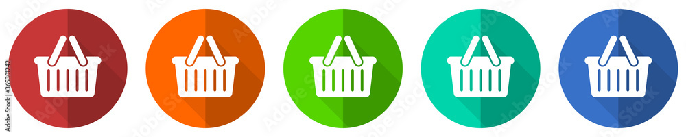 Shopping basket icon set, red, blue, green and orange flat design web buttons isolated on white background, vector illustration Shopping basket icon set, red, blue, green and orange flat design web buttons isolated on white background, vector illustration