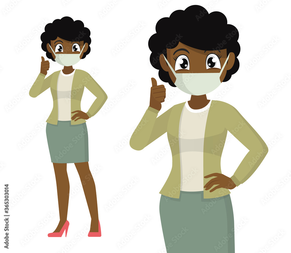 Φωτογραφία African woman covering face with medical mask and showing thumbs up symbol