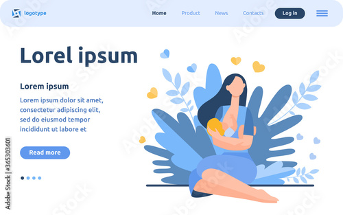 New mother feeding baby with breast. Young woman holding little child in arms. Vector illustration for breastfeeding, health, baby food, motherhood, care concept