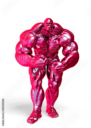 man made of steel doing a bodybuilder pose number four in a white background