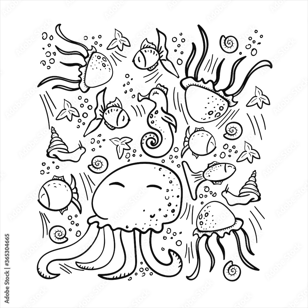 Underwater world illustration. Sea life. Vector under the sea, seahorse, octopus, fish jellyfish