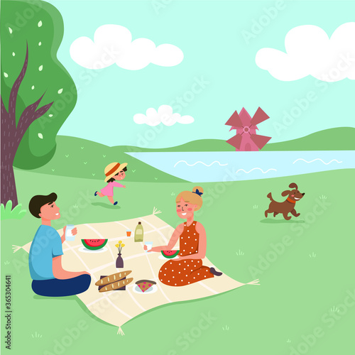 Family on a picnic in nature. Parents children and dogs are resting in nature. Vector illustration.