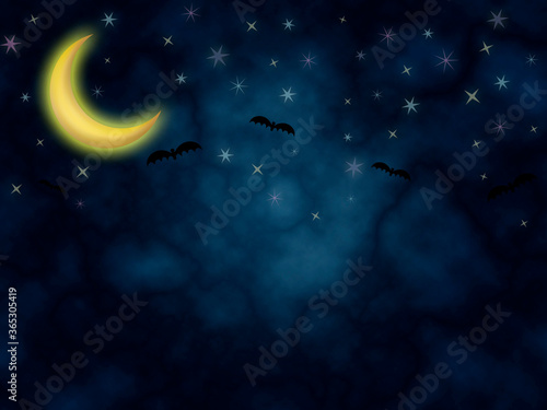 Illustration of night sky with moon  clouds  stars and bats