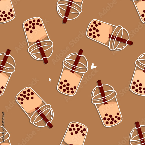 Bubble tea seamless pattern vector illustration. BOBA pattern on chocolate color background