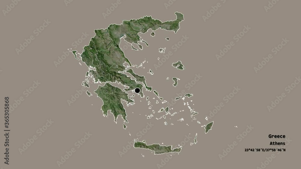 Crete, decentralized administration of Greece, with its capital, localized, outlined and zoomed with informative overlays on a satellite map in the Stereographic projection. Animation 3D Crete, decentralized administration of Greece, with its capital, localized, outlined and zoomed with informative overlays on a satellite map in the Stereographic projection. Animation 3D